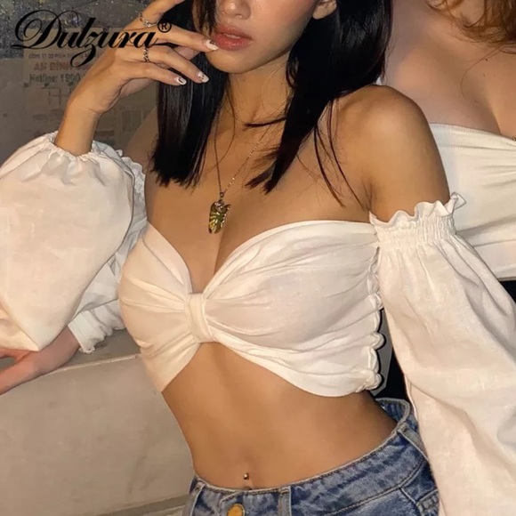 NWOT Dulzura Ruched Bow Crop Top Shirt Puff Long Sleeve Off Shoulder L - Picture 3 of 6